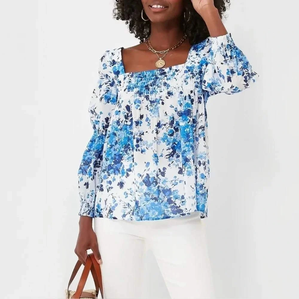 Tuckernuck Blue Meadows Tilly Blouse XS‎ NWT Floral Smocked Square Neck
